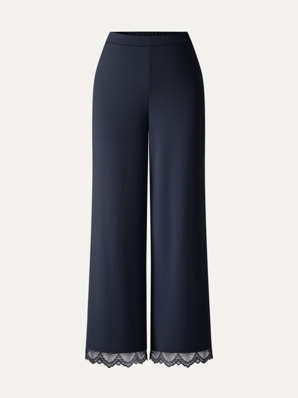 OGL Midnight Navy Ponte Lace Trim Draped Mid Rise Wide Leg Pants with Pockets
